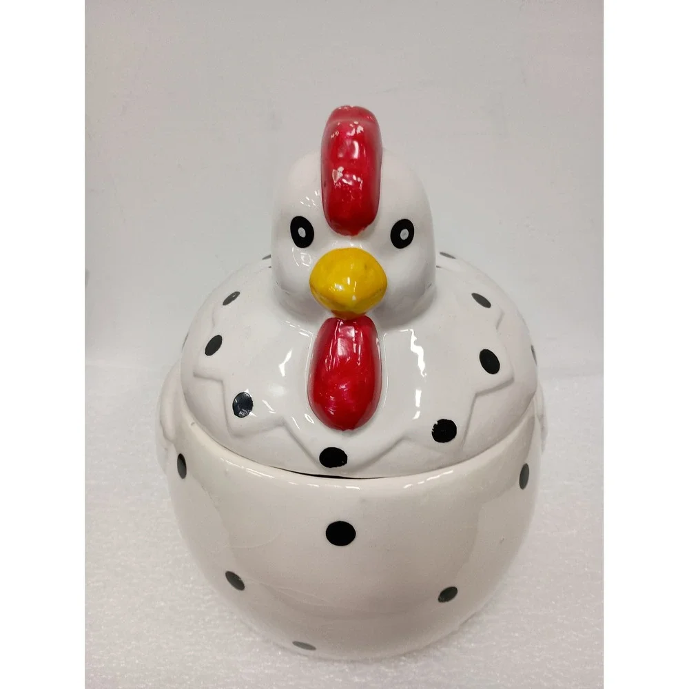 Vintage Chicken Cookie Jar White Black Polka Dot Ceramic Farmhouse Kitchen Decor